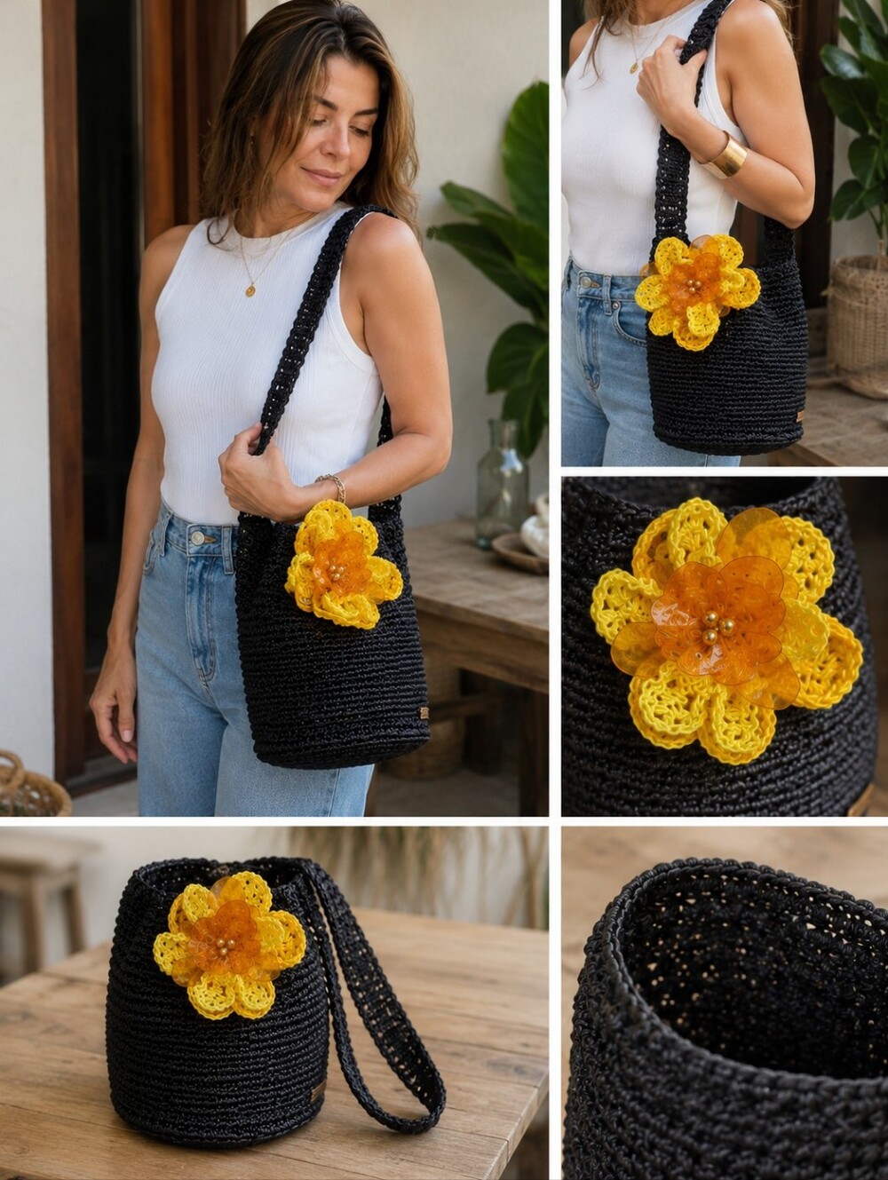 YAMA by His Grace Handmade Fique Shoulder Bag Removable Flower